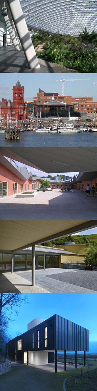 The Great Glasshouse, The Senedd, The Ruthin Craft Centre and The WISE building