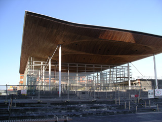 Senedd front with awning above